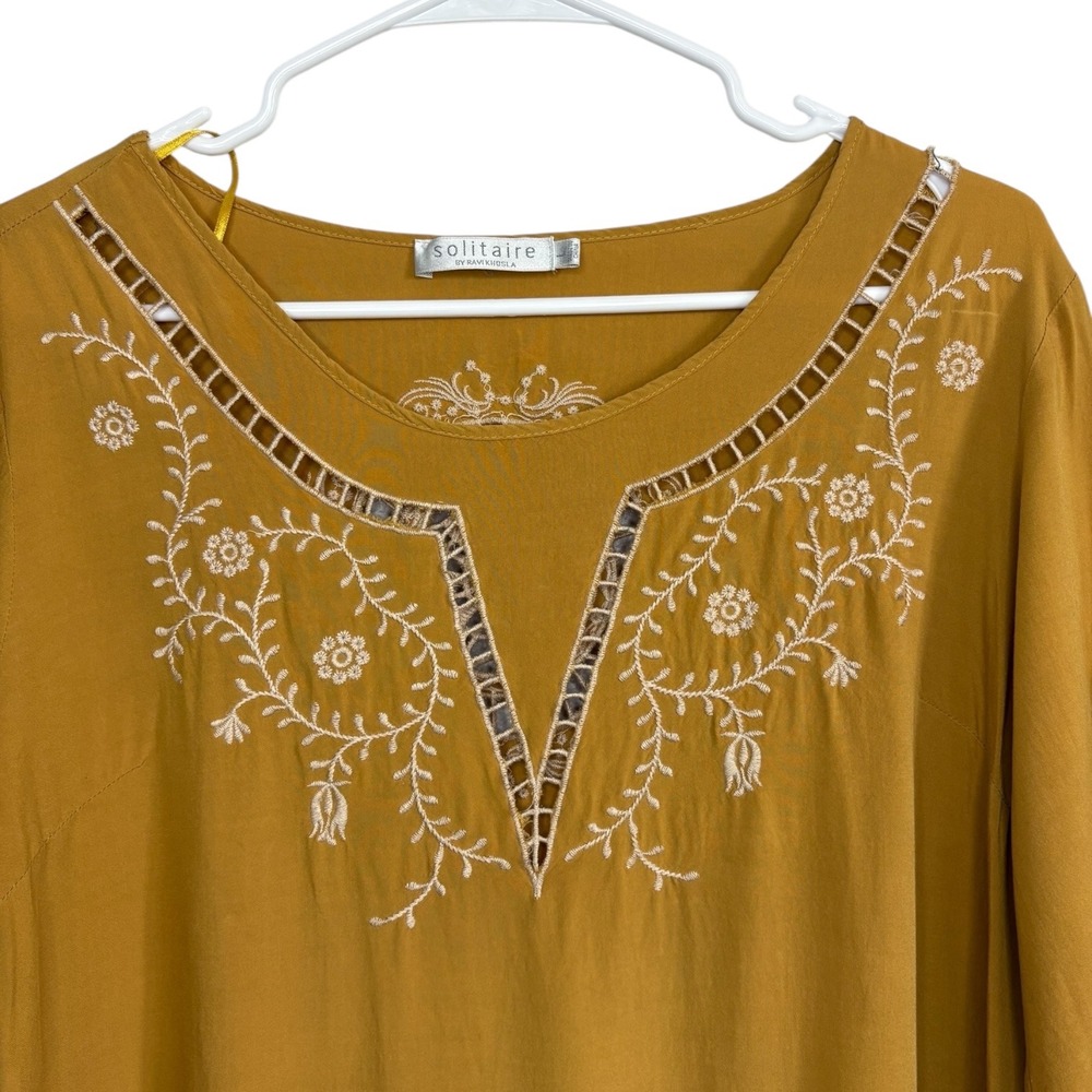 Solitaire by Ravi Khosla Boho Top Size Large‎ Mustard Yellow Embroidered Eyelet